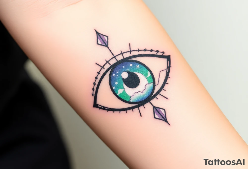 Large outline of an almond shaped eye with a spade shaped eyeball colored greenish blue with a crescent moon stars and clouds inside vivid colors blue green purple tattoo idea