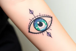 Large outline of an almond shaped eye with a spade shaped eyeball colored greenish blue with a crescent moon stars and clouds inside vivid colors blue green purple tattoo idea