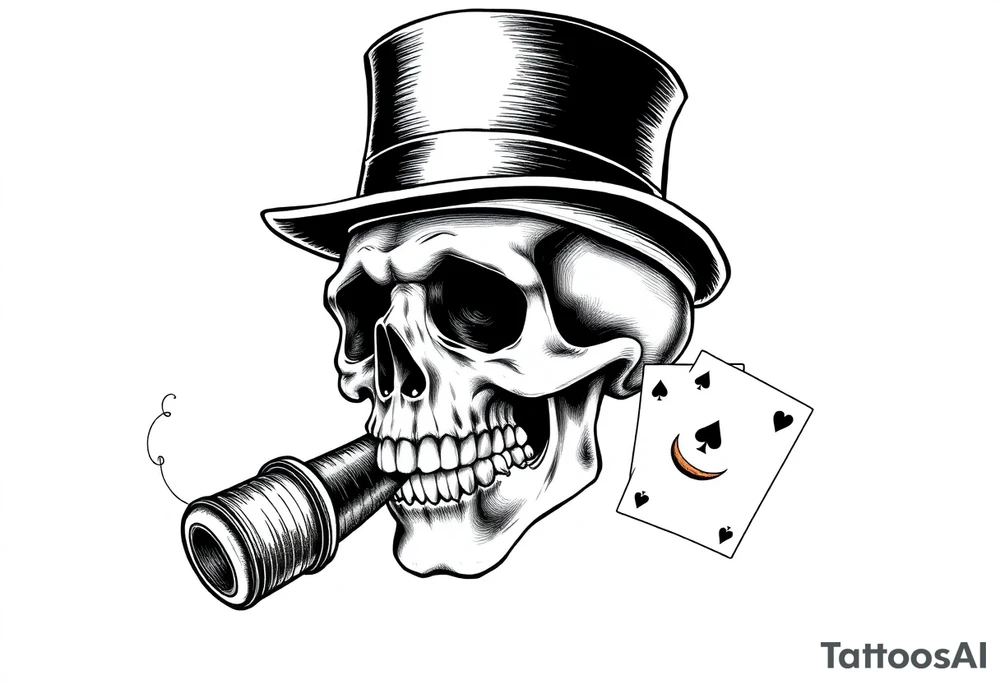 a skull with mustache, a big cigar in his mouth,top-hat on his head and playing cards in a hand. tattoo idea