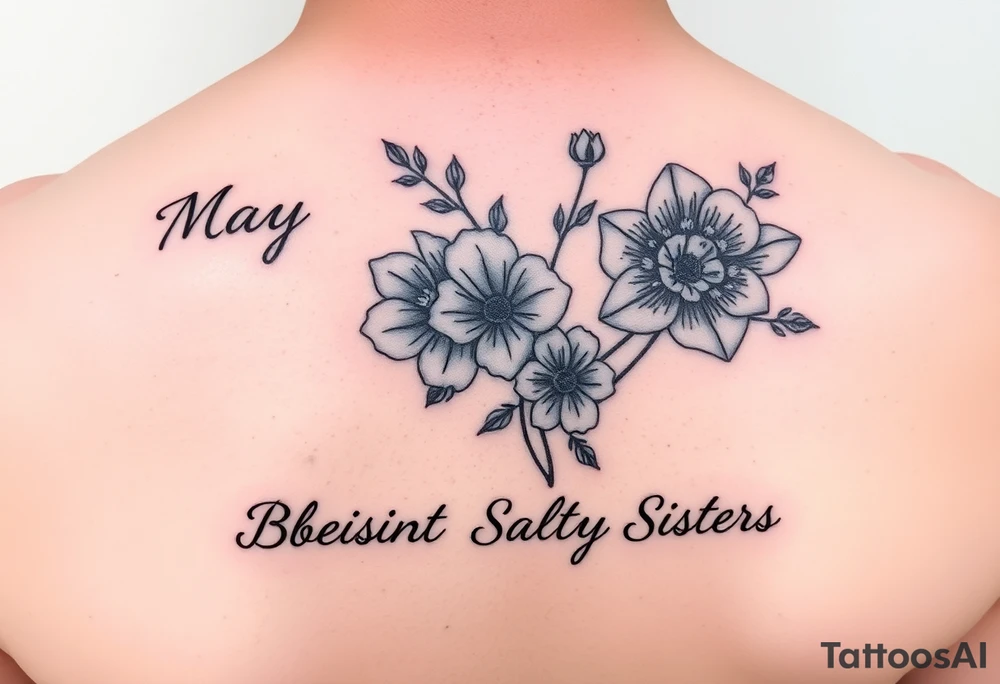 Smaller tattoo with May and December birth month flowers and the saying Gods Redeemed Obedient Salty Sisters aligned to the left tattoo idea