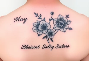 Smaller tattoo with May and December birth month flowers and the saying Gods Redeemed Obedient Salty Sisters aligned to the left tattoo idea