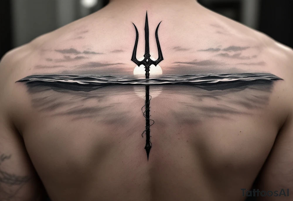 trident half way under calm water with sunset tattoo idea