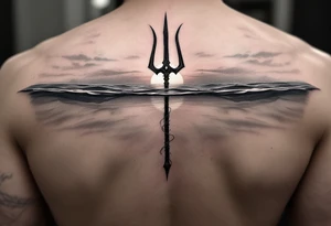 trident half way under calm water with sunset tattoo idea