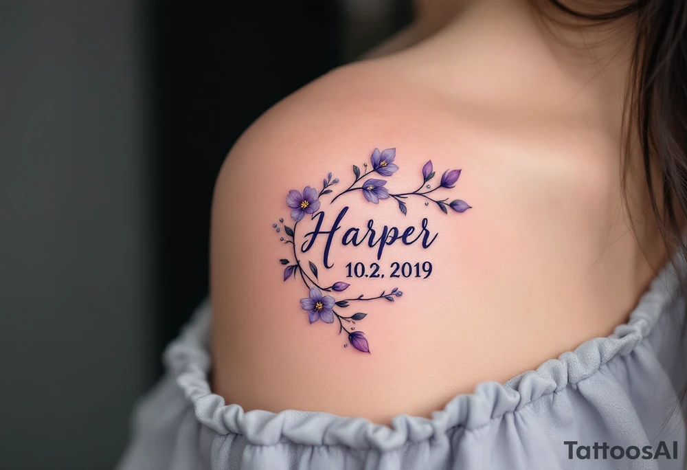 Hana 10. 02. 2019 – Soft violet and lilac flowers winding around Harper's birthdate, with subtle silver details. tattoo idea