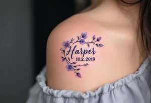 Hana 10. 02. 2019 – Soft violet and lilac flowers winding around Harper's birthdate, with subtle silver details. tattoo idea