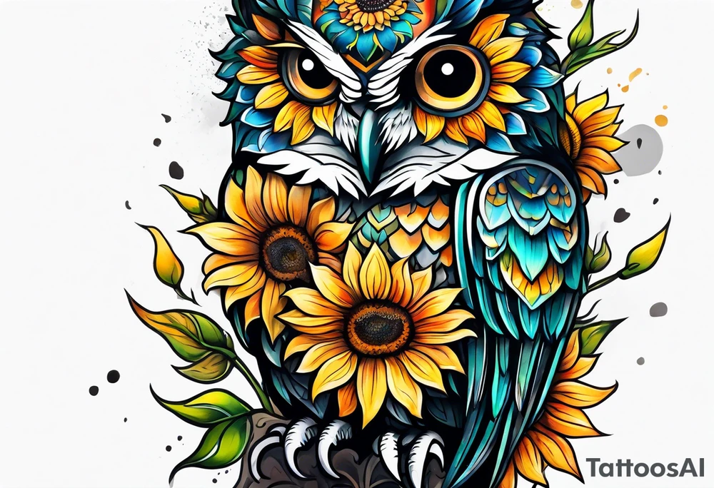 Leg sleeve with colorful sunflowers and an owl tattoo idea