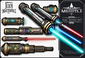 3 Jedi lightsabers with the birth month color for May, July, January tattoo idea