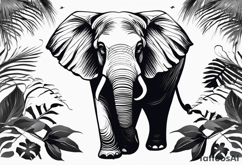 “A majestic elephant with its trunk raised, surrounded by tropical foliage, symbolizing memory and strength tattoo idea