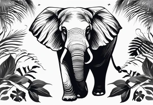 “A majestic elephant with its trunk raised, surrounded by tropical foliage, symbolizing memory and strength tattoo idea