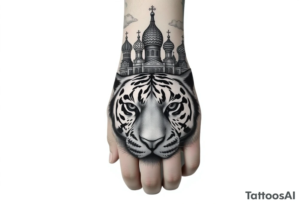 Realistic tiger face on the back of the hand with strong contrast and fine detail with hollow black eyes. with a highly detailed Russian Orthodox cathedral sitting above on fore arm with onion domes and orthodox crosses, done in fine line, engraving-like style. Cohesive composition, black ink only, no color, high contrast, slightly aged, documentary-style, plain light background. with clouds above and a virgin mary tattoo idea