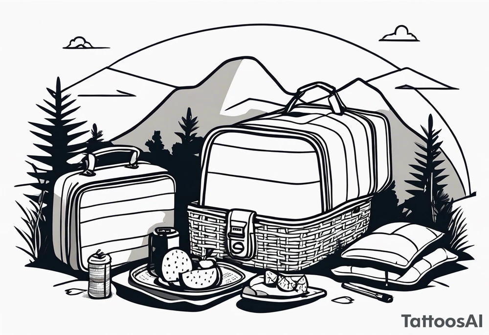 minimalstic picnic scene in nature. A blanket on the ground with one picnic-basket with lid, one backpack, one old speaker and 2-3 pillows to sit on and tennants. tattoo idea