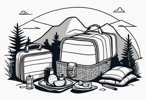 minimalstic picnic scene in nature. A blanket on the ground with one picnic-basket with lid, one backpack, one old speaker and 2-3 pillows to sit on and tennants. tattoo idea
