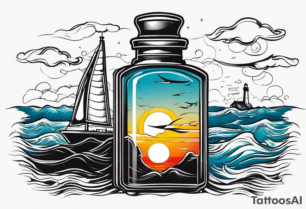 Leuchtturm 
Felsen 
Welle 
Schiff
Matrose 
Flasche 
Old school 
Messer
Kerze tattoo idea