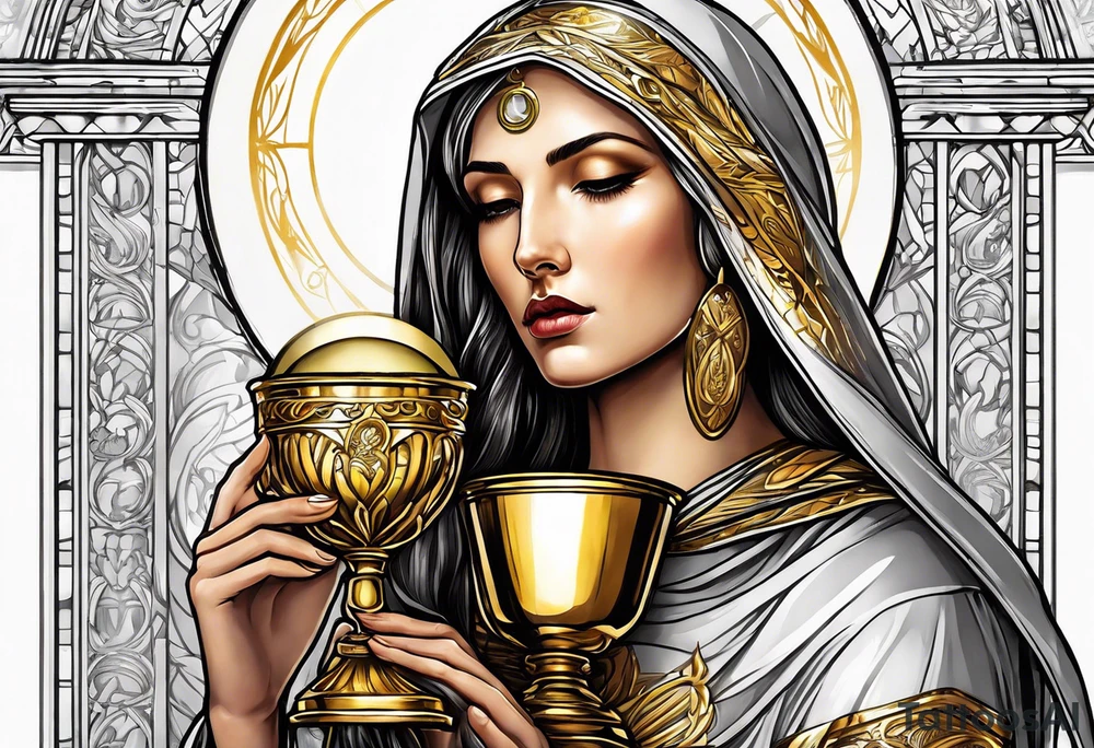 holy saint woman turned away with golden halo holding a chalice tattoo idea