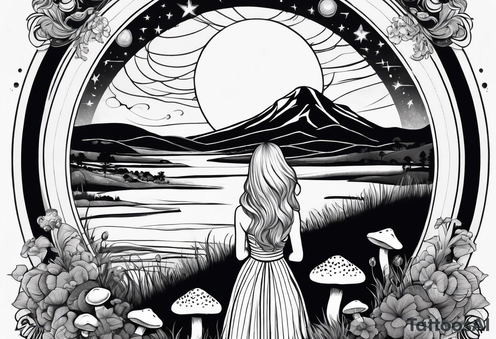 Straight blonde hair girl facing away toward mountains surrounded by mushrooms crescent moon circular design black and white striped dress tattoo idea