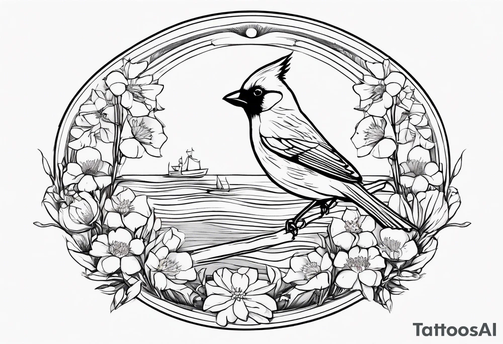Oval shape with sea rocket and aster flowers with a small cardinal room in the center for a signature less ornate make the cardinal smaller and leave the center empty smaller cardinal and put it on the flowers tattoo idea