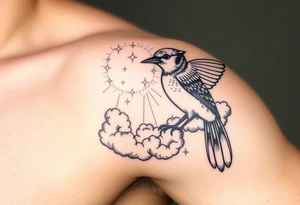 Bluejay, clouds, shining light to or from heaven tattoo idea
