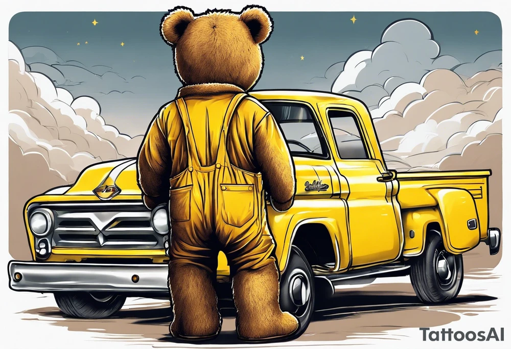 the back of a standing, skinny, brown ,
teddy bear in long, yellow overalls tattoo idea