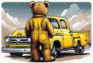 the back of a standing, skinny, brown ,
teddy bear in long, yellow overalls tattoo idea
