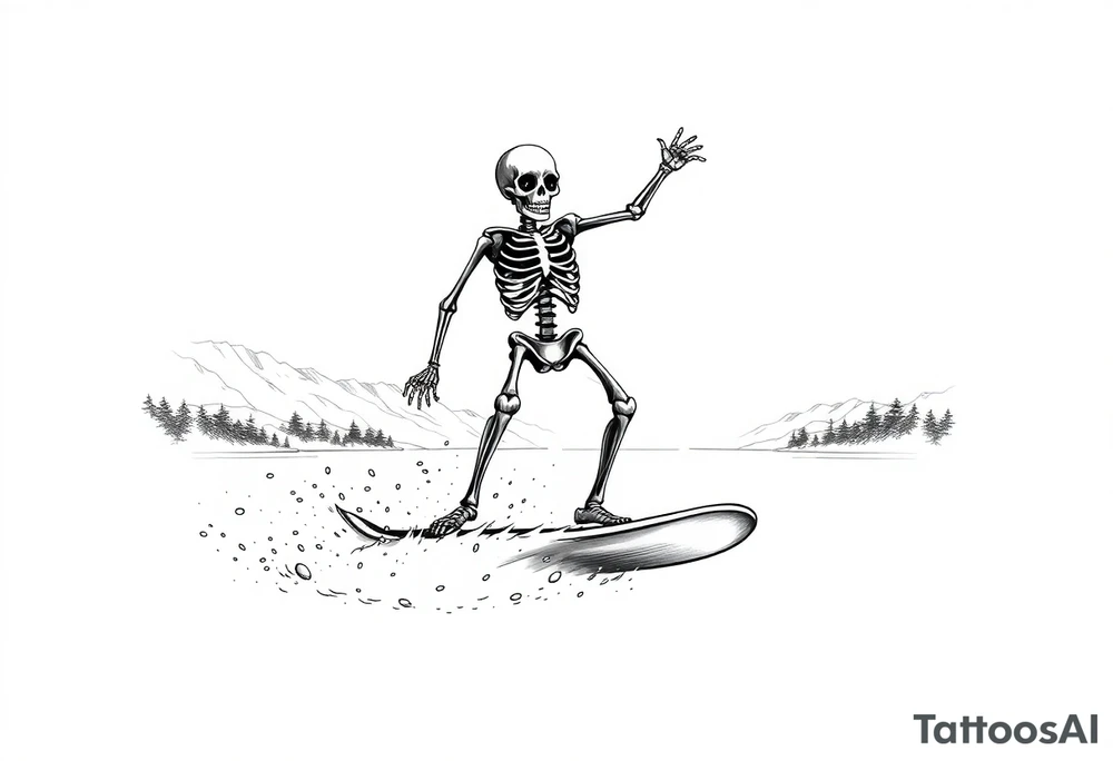 skeleton wakeboarding on lake, holding onto wakeboard handle with one han, other hand in the air, 
mountains in the background tattoo idea