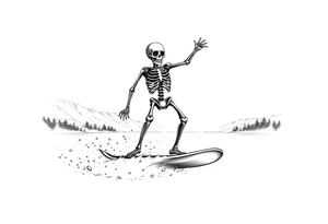 skeleton wakeboarding on lake, holding onto wakeboard handle with one han, other hand in the air, 
mountains in the background tattoo idea