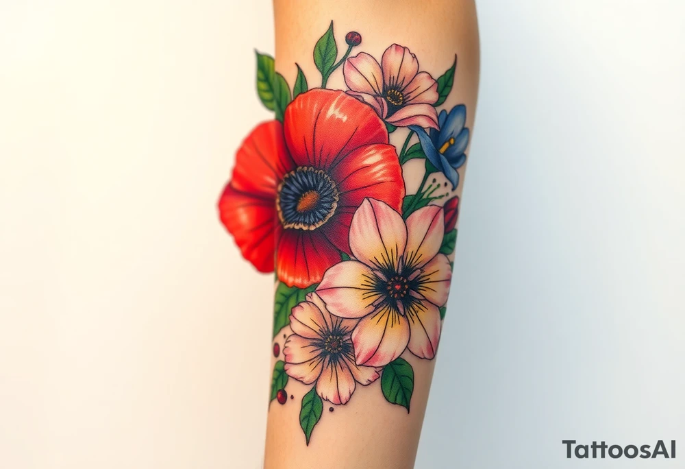 Fore arm tattoo in the neo american traditional style. I want to incorporate a few different flowers: Poppies, Morning Glory, Narcissus with green leaves in the background tattoo idea