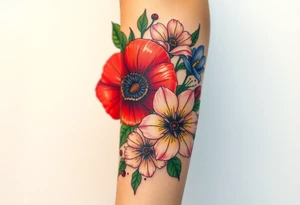 Fore arm tattoo in the neo american traditional style. I want to incorporate a few different flowers: Poppies, Morning Glory, Narcissus with green leaves in the background tattoo idea