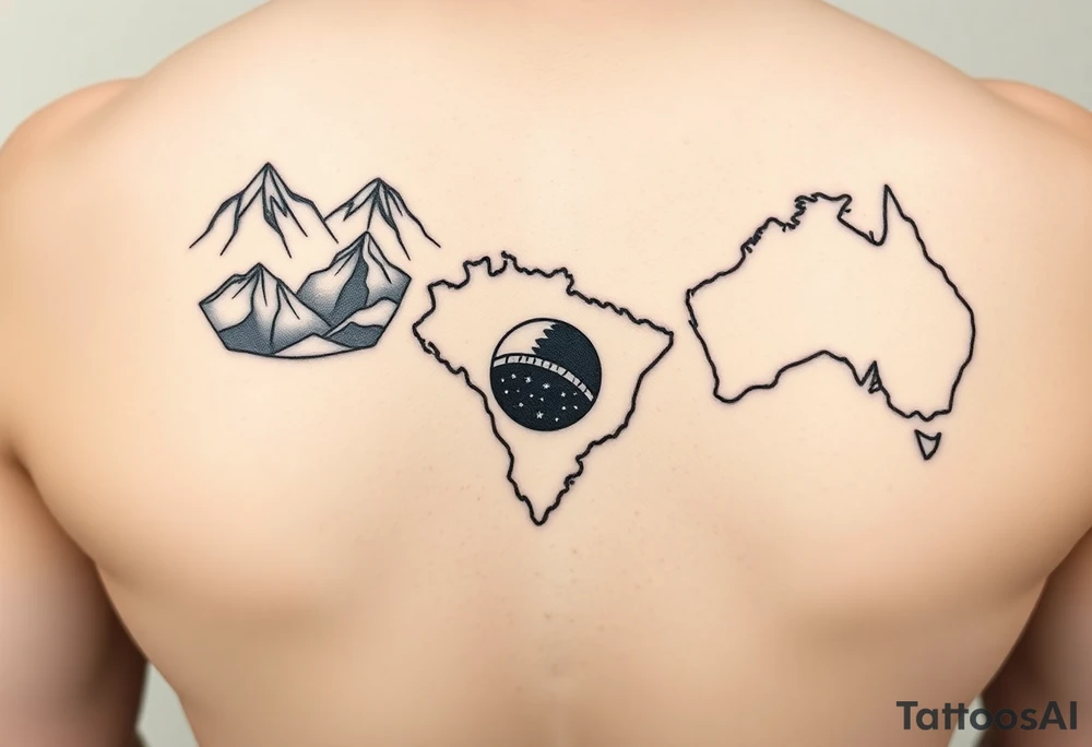 outline of North America, Brazil, Australia. Mountains in outline of North America, Soccer Stadium in outline of Brazil, and Beach in outline of Australia. tattoo idea