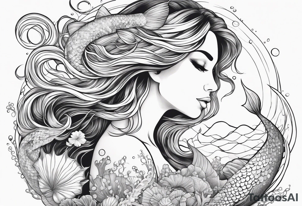 Beautiful mermaid under the sea with cascading hair and flowing tail. surrounded by sea creatures tattoo idea