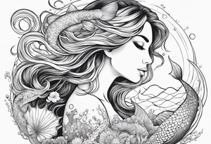 Beautiful mermaid under the sea with cascading hair and flowing tail. surrounded by sea creatures tattoo idea