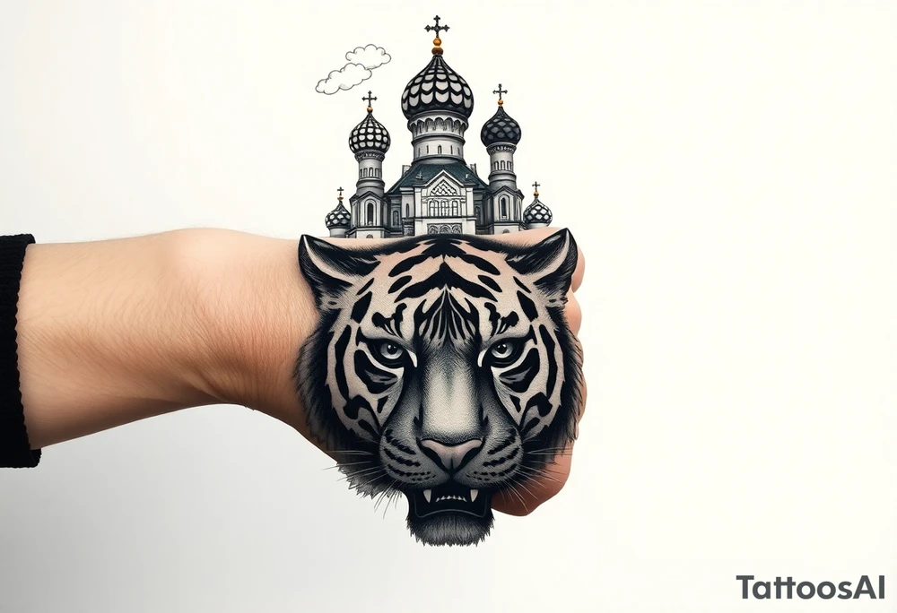 Realistic tiger face on the back of the hand with strong contrast and fine detail with all black eyes. then a highly detailed Russian Orthodox cathedral sitting above on the top fore arm with onion domes and orthodox crosses, done in fine line, engraving-like style. Cohesive composition, black ink only, no color, high contrast, slightly aged, documentary-style, plain light background. with clouds above and a virgin mary tattoo idea