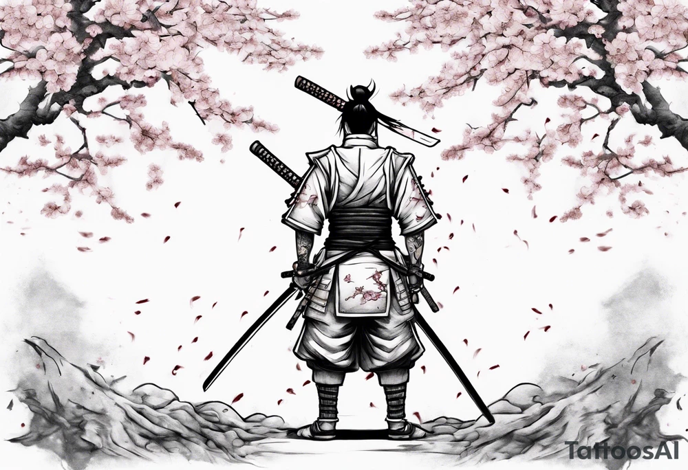 A samurai standing with his back among the swords, he has a hole in his back and from where the blood was seen in the sakura leaves and samurai swords stuck into the ground tattoo idea