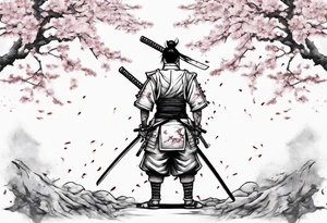 A samurai standing with his back among the swords, he has a hole in his back and from where the blood was seen in the sakura leaves and samurai swords stuck into the ground tattoo idea