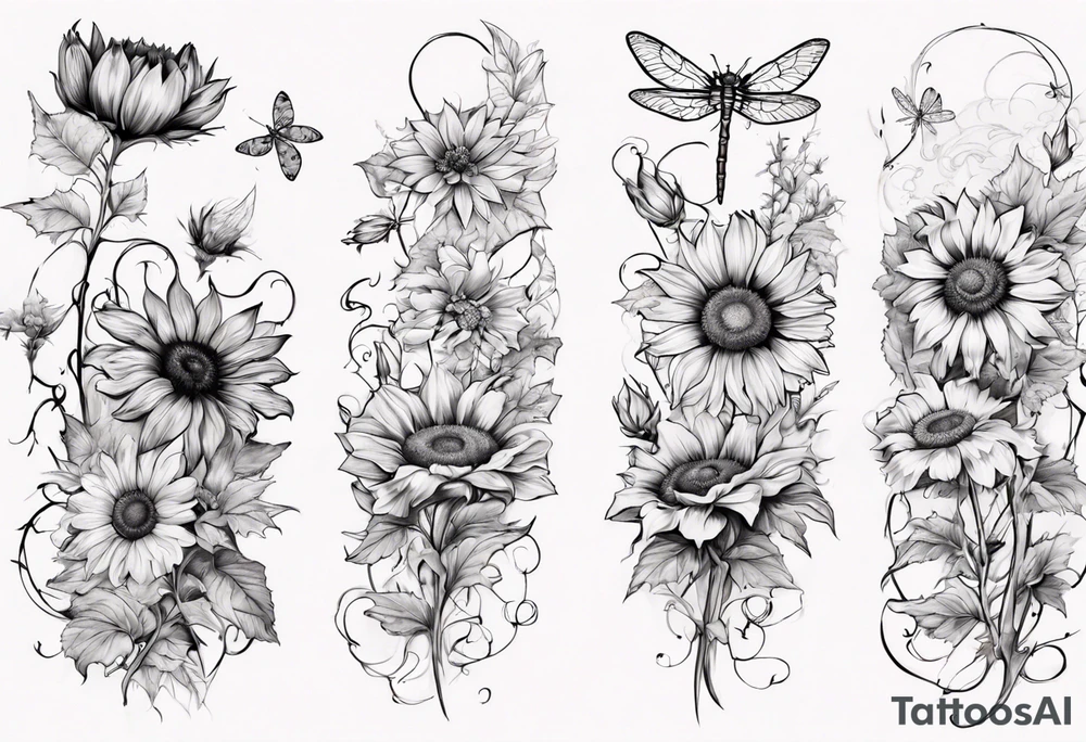 Arm sleeve, sunflowers, dragonflies, three cosmos flower, one violet, one carnation, vines and leaves tattoo idea