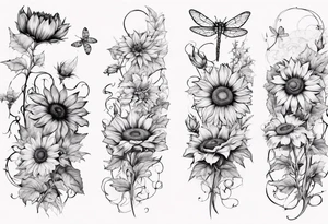 Arm sleeve, sunflowers, dragonflies, three cosmos flower, one violet, one carnation, vines and leaves tattoo idea