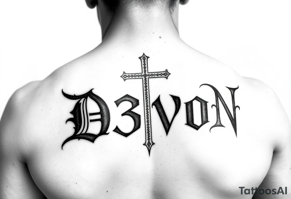 The name D3von with a cross behind it tattoo idea