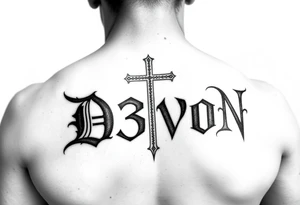 The name D3von with a cross behind it tattoo idea