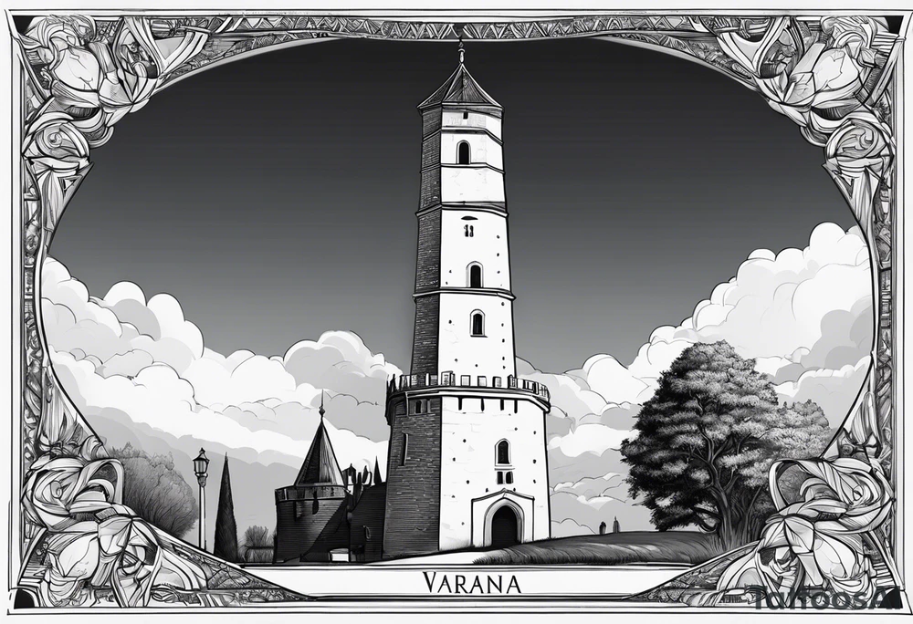 picture of Varaždin tower
with the names vesna and ivo under it tattoo idea