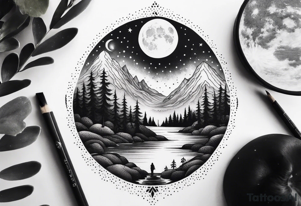 nature with mountains, waterfall, water, and a family of three in the background and and moon/sun in the sky with stars tattoo idea