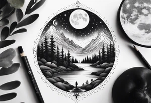 nature with mountains, waterfall, water, and a family of three in the background and and moon/sun in the sky with stars tattoo idea