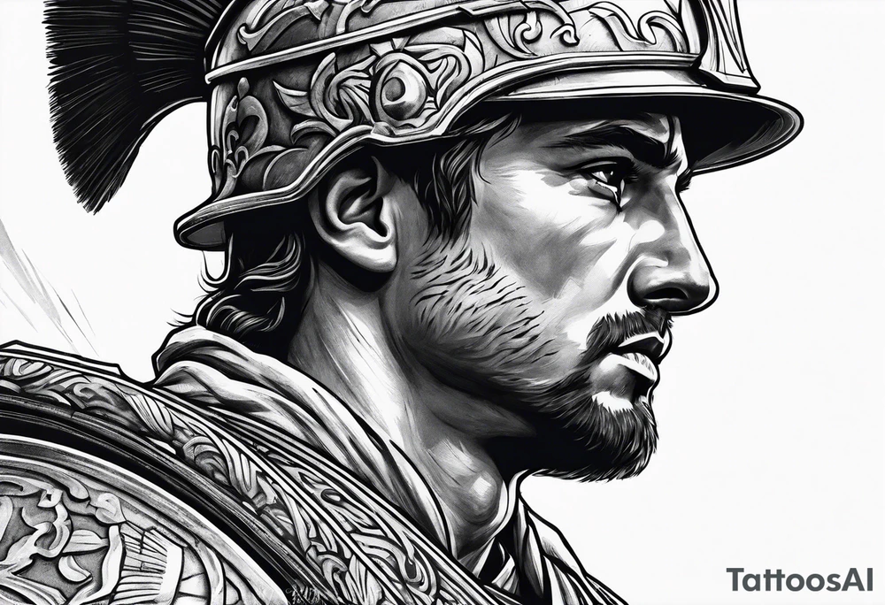 Roman soldier looking right at  ruins tattoo idea
