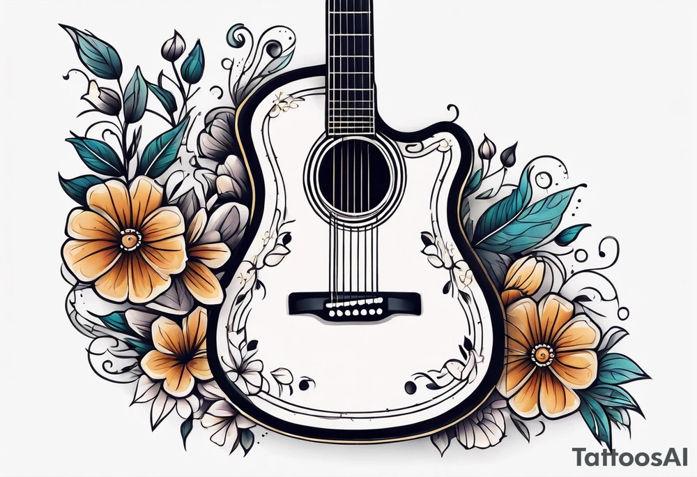 traditional vintage tattoo of guitar simple  flowers tattoo idea