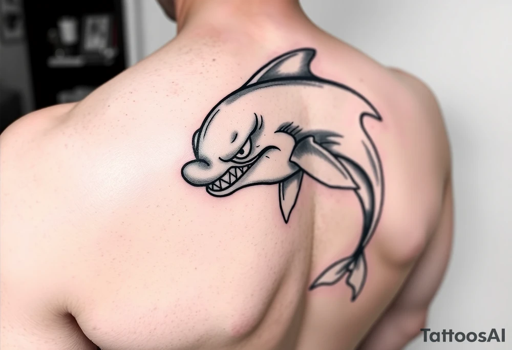 Cartoon dolphin with a evil face tattoo idea