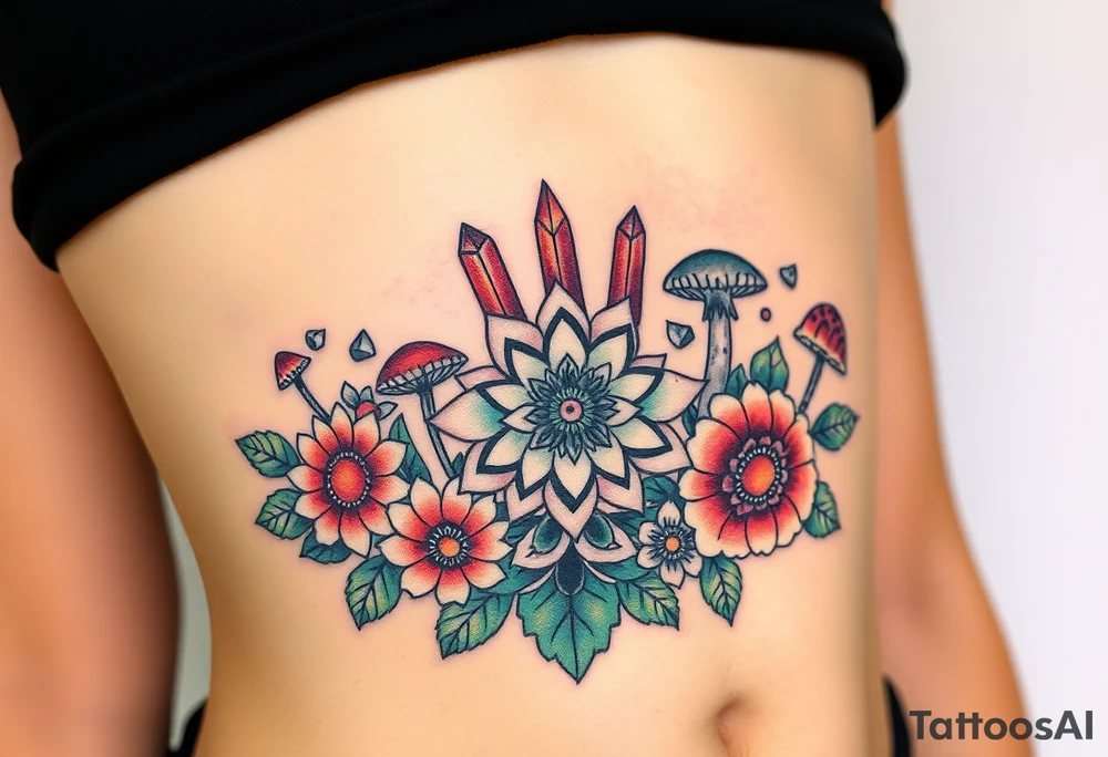psychedelic  tattoo with crystals and  mandala style flowers and mushrooms under breast tattoo idea