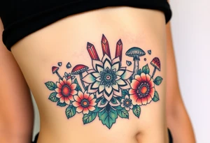 psychedelic  tattoo with crystals and  mandala style flowers and mushrooms under breast tattoo idea