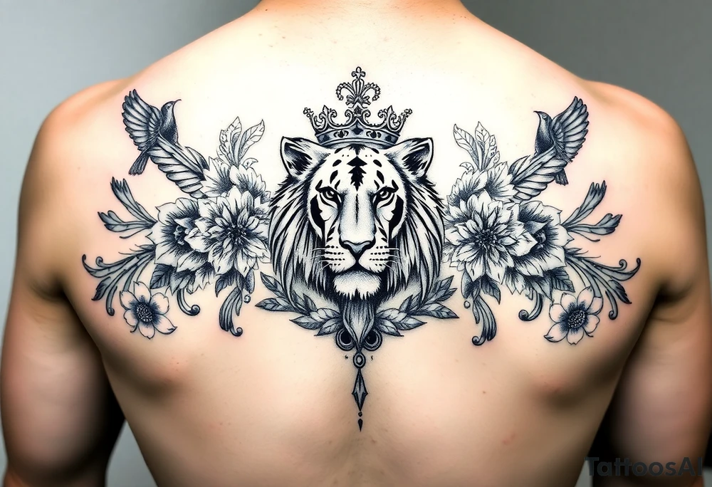 powerful majestic lion and cub with a crown, surrounded by floral ornaments and birds tattoo idea
