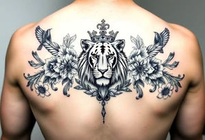 powerful majestic lion and cub with a crown, surrounded by floral ornaments and birds tattoo idea
