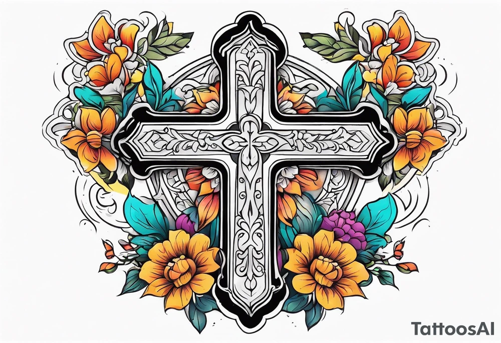 plain cross surrounded 
 with flowers and twisted around cross
 colorful tattoo idea