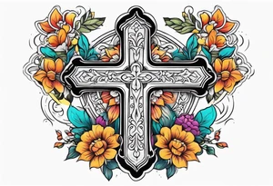 plain cross surrounded 
 with flowers and twisted around cross
 colorful tattoo idea