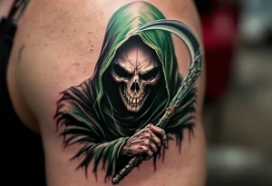 A full-color Grim Reaper with a glowing green hood and a gleaming silver scythe blade. tattoo idea